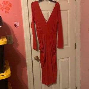Crimson, deep plunge red midi dress